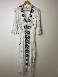Free People Embroidered Fable Midi Dress M White Blue Floral Gauze Boho Beach - Picture 1 of 17