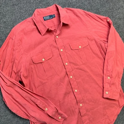 VTG Polo Ralph Lauren Shirt Mens XL Salmon Linen Cotton Utility Pockets Roll Tab - Image 1 of 4