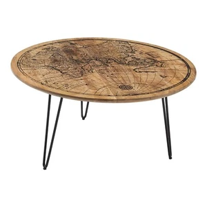 Couchtisch Wohnzimmertisch mit aufgedruckter Weltkarte Manghoholz massiv Ø 90 cm - Bild 1 von 5