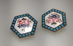 Bellissimi gemelli vintage vittoriani ottone e smalto dipinto esagonale con bottoni - Foto 1 di 4