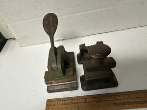 2 Antique Vintage Cast Iron Hand Press Tools Imp-Press Embossing Stamp Devices - Picture 1 of 13