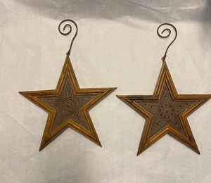 Pair 2 Rusty Farmhouse Tin Barn Stars 8" Primitive Country Rusted Metal Wood - Picture 1 of 4