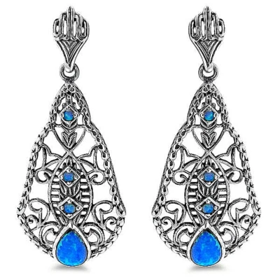 PENDIENTES DECO ESTILO ANTIGUO PLATA ESTERLINA 925 CREADOS EN LABORATORIO ÓPALO DE FUEGO AZUL 255X Foto 1 de 2