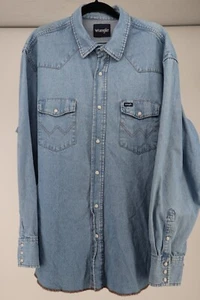 Vtg Wrangler Denim Shirt Mens XXL Pearl Snap Jean Long Sleeve Ranch Cowboy 2XL - Picture 1 of 9