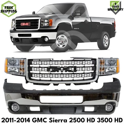 Front Bumper Chrome & Headlights Kit For 2011-2014 GMC Sierra 2500 HD & 3500 HD Foto 1 de 4
