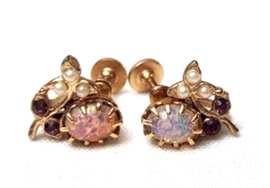 VINTAGE GOLD TONE AND OPAL EARRINGS, SEED PEARLS & PURPLE RS - Picture 1 of 6