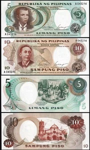 Philippines 5, 10 Piso 1969, UNC, 2 Pcs MATCHING (Same) Serial SET, P-143a 144a - Picture 1 of 3