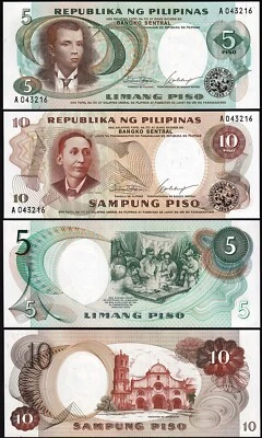 Philippines 5, 10 Piso 1969, UNC, 2 Pcs MATCHING (Same) Serial SET, P-143a 144a - Image 1 of 3