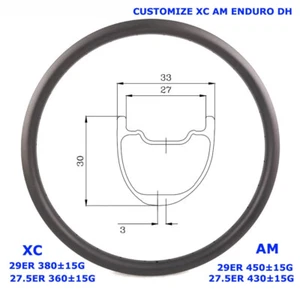 29/27.5er Carbon MTB XC Rim Tubeless Clincher Hookless 24-36 Holes Bike Wheel - Picture 1 of 14