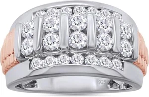1Ct Moissanite Two-Tone Men's Floating Bar Wedding Band Ring 14k Sterling Silver - Picture 1 of 22