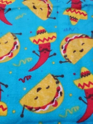 Retro Sewing Fabric Tacos & Red Chili Peppers Aqua Cotton Flannel Joann's 21x45" - Image 1 of 4