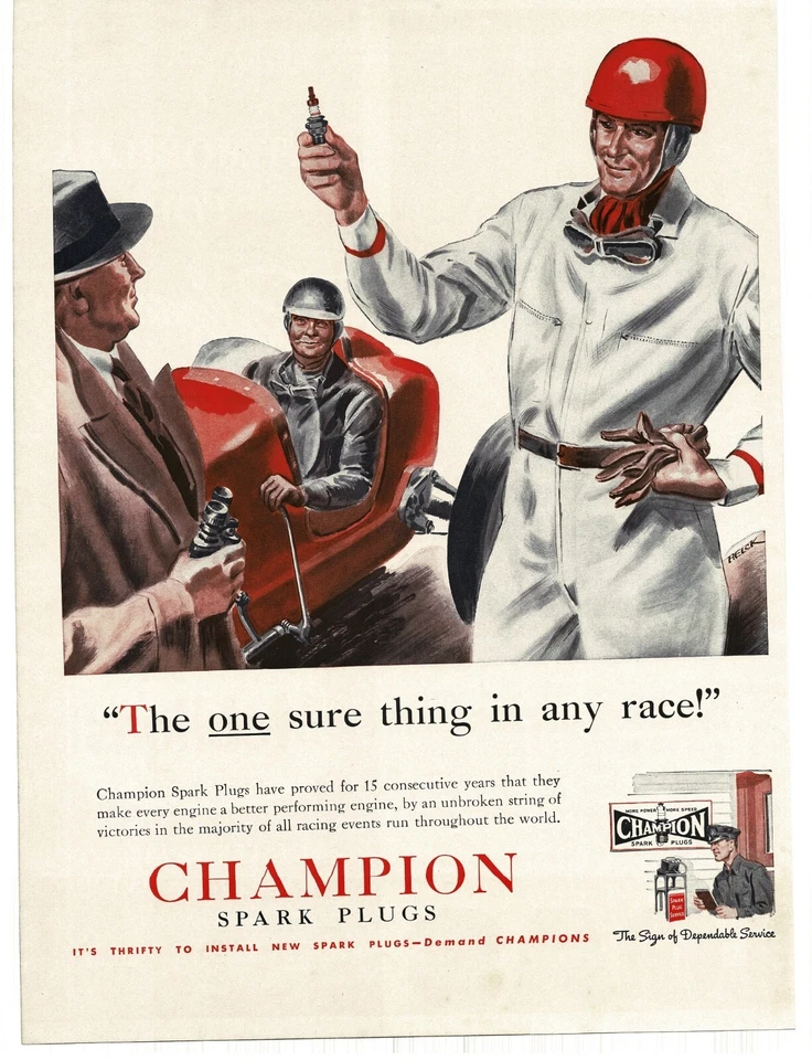 1939 Champion Spark Plugs race car art Peter Helck artist Vintage Print Ad - Image 1 of 1