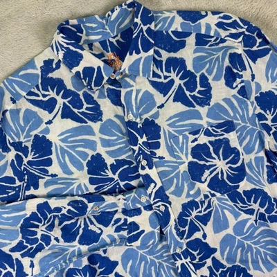 J.McLaughlin Men's Shirt Size L Blue White Linen Floral Hibiscus Monstera Print - Image 1 of 4