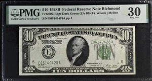 1928 B $10 Richmond, VA US FRN Dark Green Seal Fr#2002-Edgs 1053 PMG 30 VF - Picture 1 of 2