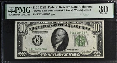 1928 B $10 Richmond, VA US FRN Dark Green Seal Fr#2002-Edgs 1053 PMG 30 VF - Image 1 of 2