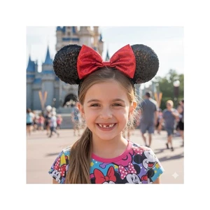 🎀 Brazalete Walt Disney Lentejuelas Orejas de Minnie Mouse Diadema Sombrero Negro + Lazo Rojo En muy buena condición - Imagen 1 de 11