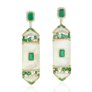 18k Yellow Gold Dangle Earrings Emerald Women Jewelry For Women's - Picture 1 of 6