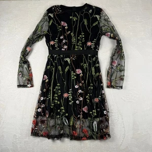Blumen bestickt Netz Langarm Cocktail Party Mini Kleid schwarz Medium - Bild 1 von 7