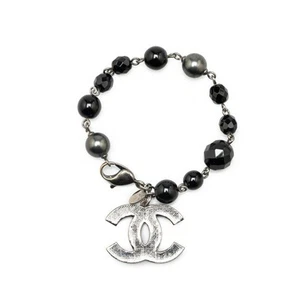 Chanel Coco Mark Bracelet Silver Black Metal Faux Pearl Beads Wome... GZl188cb - Picture 1 of 3