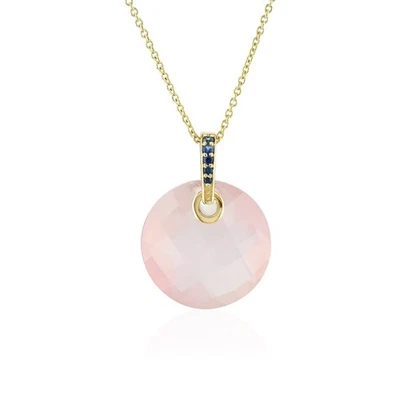 Collar Colgante Oro Sólido 14K Redondo Cuarzo Rosa y Zafiro Azul Joyería BMG Foto 1 de 4