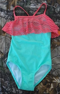 O'RAGEOUS Pink crochet ruffle & cross strap Aqua Art Deco 1pc swimsuit, size 7 - Picture 1 of 2
