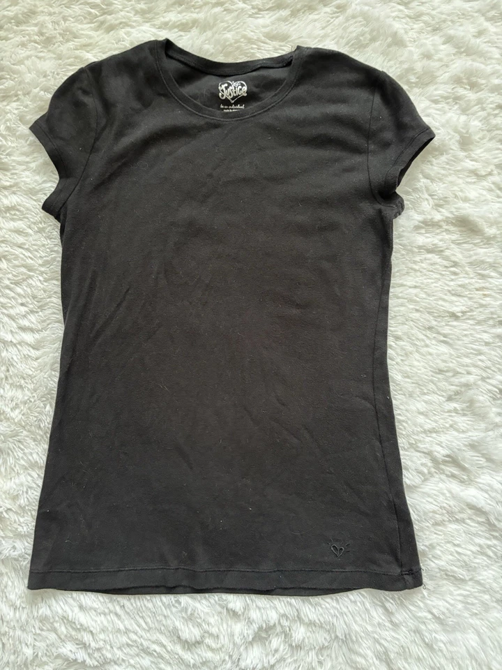 Justice girls sz. 16 black short sleeved tee. Cute, grt. shape - Image 1 of 4
