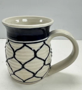 Studio Pottery Artist Signed Hand Painted Coffee Tea Mug White Blue raised slip - Picture 1 of 9