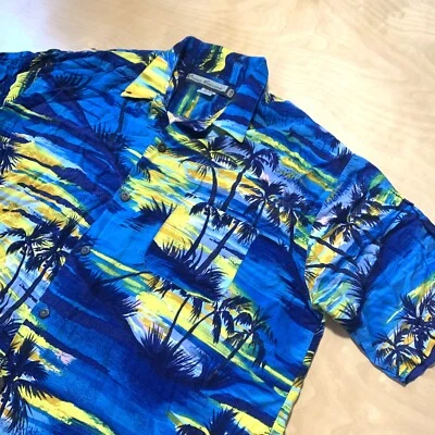 Ocean Current Men’s Hawaiian Shirt Blue & Yellow Size L Palm Tree Print — 第 1/4 张图片
