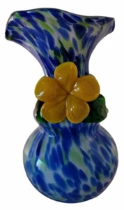 Stevens & Williams Style Spatter Design Blue White Glass Vase Yellow Flower  - Picture 1 of 9