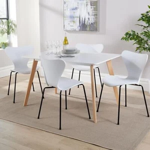 Dining Table Set 120cm White Top Wooden Legs 4 Curved Plastic Metal White Chairs - Picture 1 of 12