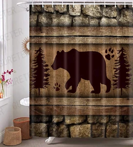 Black Bear Shower Curtain Woodland Wild Animal Bathroom Decor Rustic - Picture 1 of 7