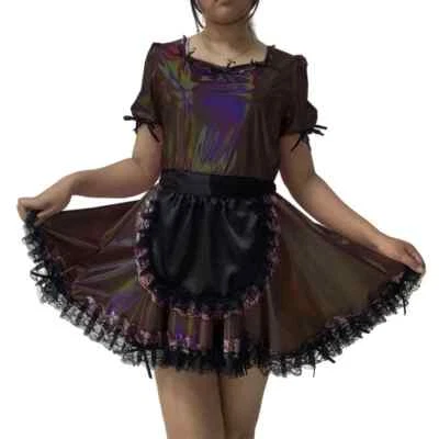 Sissy Brillante Láser Lolita Maid Vestido Elegante Abullonado Manga Corta Bloqueable Vestido de Mucama  Foto 1 de 3