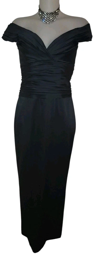 Vestido de noche largo Preppy Kay Unger talla 6 para mujer azul marino satinado fuera del hombro  Foto 1 de 4