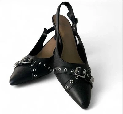 Grunge Black Kitten Heels Studded Slingback Heels Women’s 8.5 Silver Buckle - Image 1 of 4