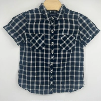 Женская рубашка с коротким рукавом Tommy Hilfiger темно-синяя клетчатая на пуговицах размер большой - Изображение 1 из 4