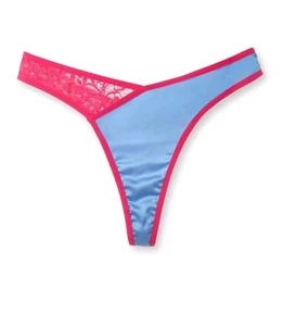 Sexy Alluring Blue Silky Satin Hot Pink Lace Thong Panties Sissy Knickers S 8 - Picture 1 of 9