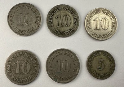 Germany Empire 10 &5 Pfennig 6 Coin Lot 1875, 1876, 1913’s & 1914 - Image 1 of 2