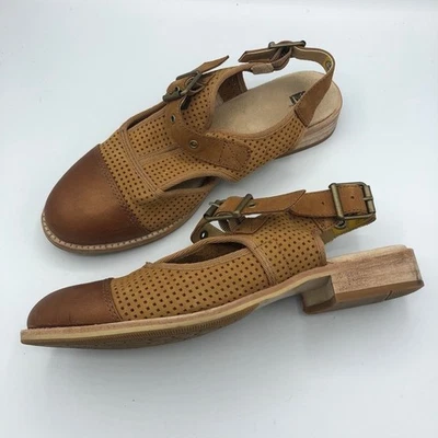 CAT Calzado Sandalias de Cuero Marrón Tostado Mujer’s 6 Planas Espalda Abierta Zapatos Confort Foto 1 de 4