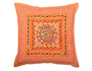 16" Traditional Patchwork With Mirror Embroidery Stone Wash Pure Cotton Orange - Picture 1 of 3