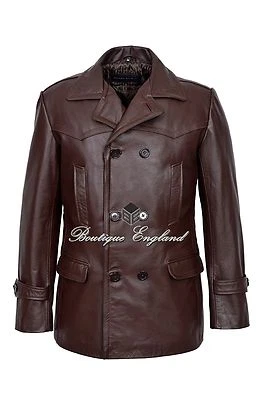 GERMAN PEA COAT Brown  Men's Classic Reefer Military Hide Leather Jacket Dr Who - Image 1 of 4