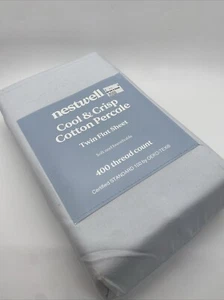 Nestwell 100% Cotton Percale Twin Flat Sheet 400 TC Illusion Blue Cool Crisp #G - Picture 1 of 8