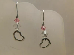 925 Silver Open Heart Dangle Earrings with Pink White Crystals Vintage - Picture 1 of 5