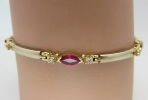 14k Yellow Gold Marquise Ruby and Diamond Bracelet 7.4 inches - Picture 1 of 10