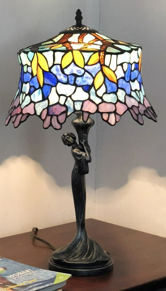 Tiffany Style Stained Glass Table Lamp Wisteria Shade with Unique Woman Base