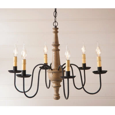 Harrison 6-Arm Americana Pearwood Wood Primitive Country Colonial Chandelier New - Image 1 of 4