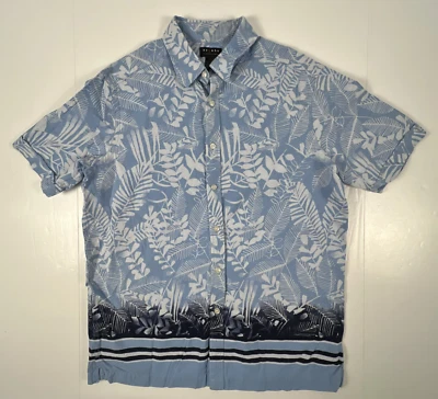 Axcess Linen Hawaiian Shirt Mens L Blue White Floral Vacation Beach Casual - Image 1 of 4