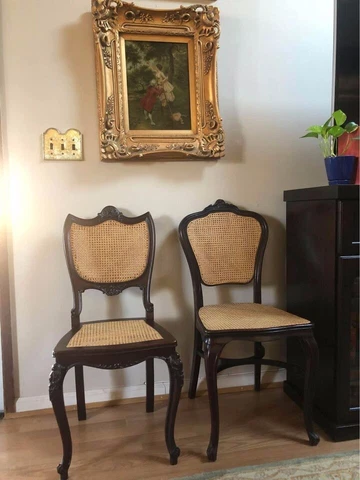 Vintage King and Queen French Carved Mahogany Wood Chairs with Cane detail Cover
