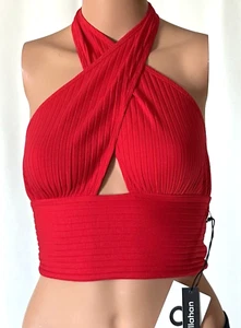 Callahan Revolve Mimi Tank Womens XS Red Knitwear Cross Front Ribbed Halter Crop - Picture 1 of 13