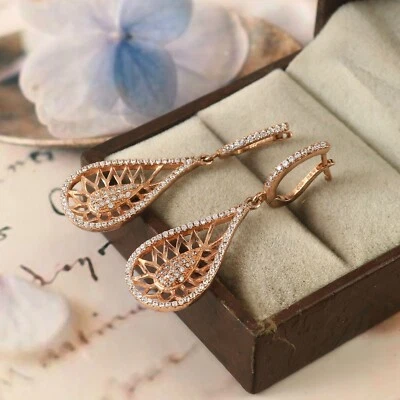 Argento Sterling Sopra Rosa Placcato Oro Zircone Cubico Donna Orecchino Gioielli - Immagine 1 di 4