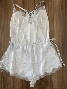 Victoria's Secret Lingerie Teddy Romper Blue Satin Lace Up Bride Wedding Large L - Picture 1 of 11